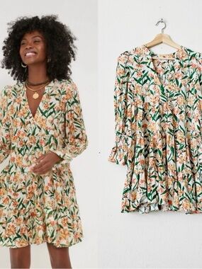 Pomander Place Kenzo Dress - Cream Floral V-Neck Tiered Mini Dress